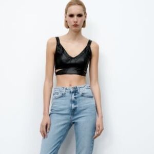 Zara Black Faux Leather V-Neck Crop Top